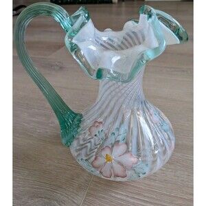 Bill Fenton Signed Pink Iridescent Opalescent Swirl Teal Crest Jar Pitcher Pink